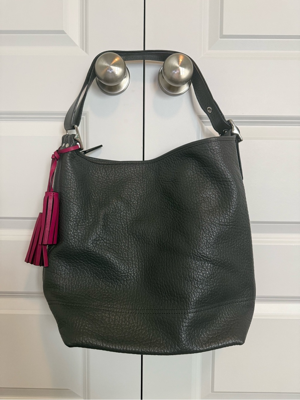 Women's Coach Oversized Gray Leather Hobo Bag with Pink Tassel